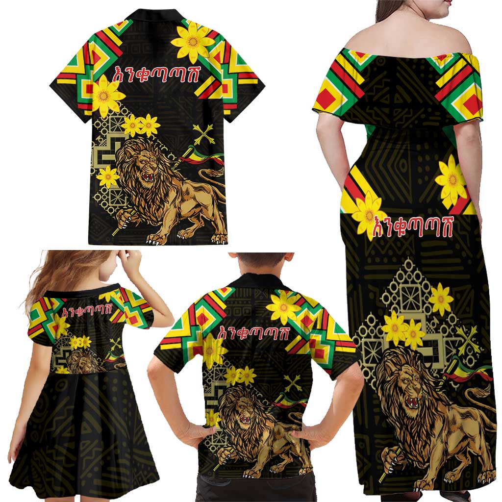 Ethiopia Enkutatash Lion of Judah Family Matching Off Shoulder Maxi Dress and Hawaiian Shirt With Folk Pattern - Wonder Print Shop