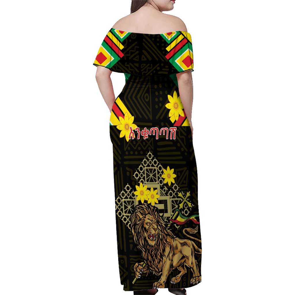 Ethiopia Enkutatash Lion of Judah Family Matching Off Shoulder Maxi Dress and Hawaiian Shirt With Folk Pattern - Wonder Print Shop