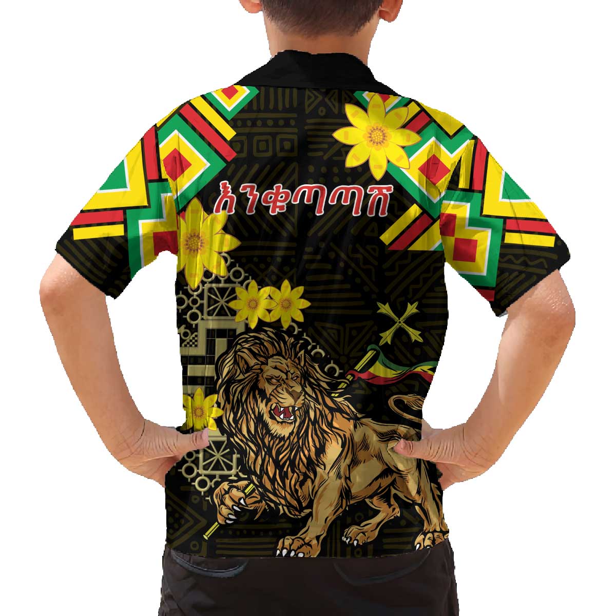 Ethiopia Enkutatash Lion of Judah Family Matching Off Shoulder Short Dress and Hawaiian Shirt With Folk Pattern - Wonder Print Shop