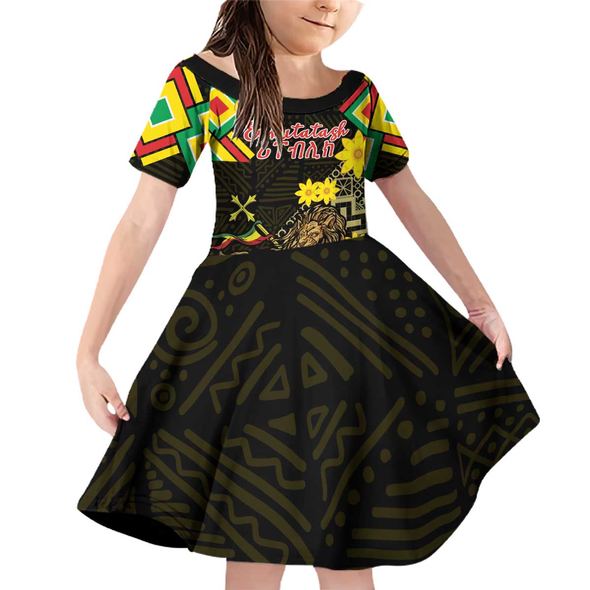 Ethiopia Enkutatash Lion of Judah Family Matching Off Shoulder Short Dress and Hawaiian Shirt With Folk Pattern - Wonder Print Shop