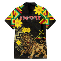 Ethiopia Enkutatash Lion of Judah Family Matching Off Shoulder Short Dress and Hawaiian Shirt With Folk Pattern - Wonder Print Shop