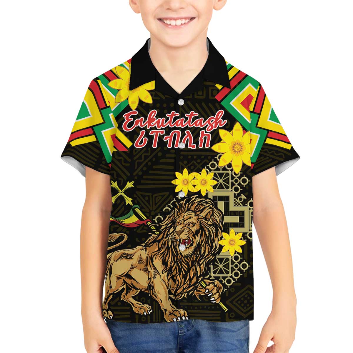 Ethiopia Enkutatash Lion of Judah Family Matching Off Shoulder Short Dress and Hawaiian Shirt With Folk Pattern - Wonder Print Shop