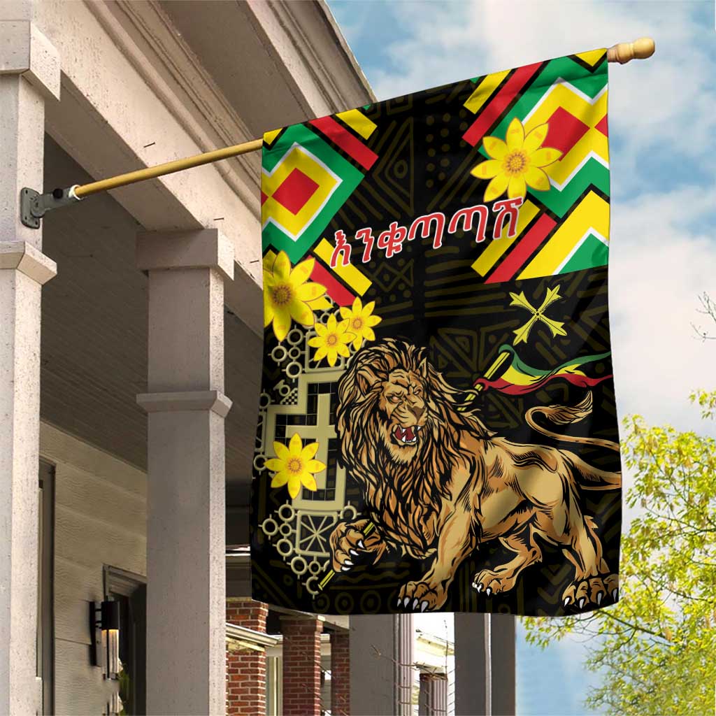 Ethiopia Enkutatash Lion of Judah Garden Flag With Folk Pattern - Wonder Print Shop