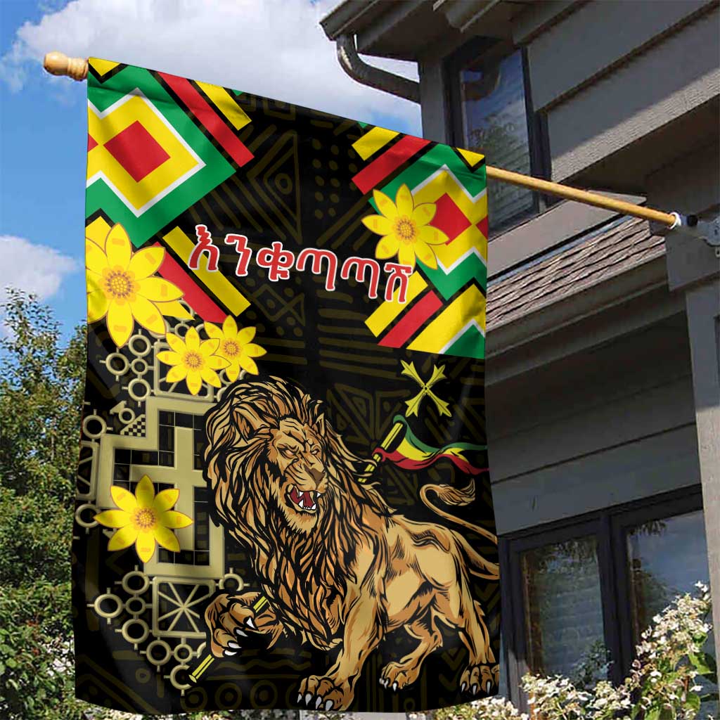 Ethiopia Enkutatash Lion of Judah Garden Flag With Folk Pattern - Wonder Print Shop