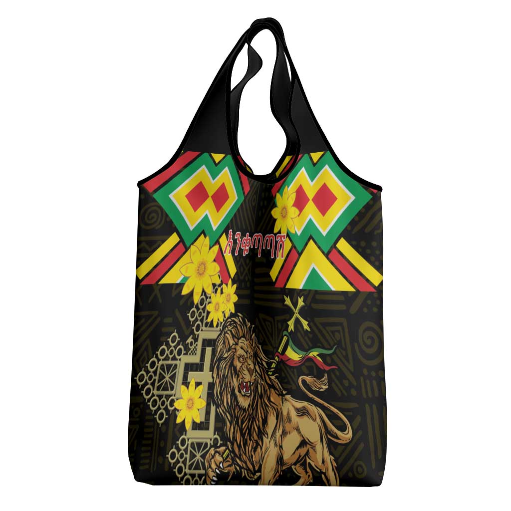 Ethiopia Enkutatash Lion of Judah Grocery Bag With Folk Pattern