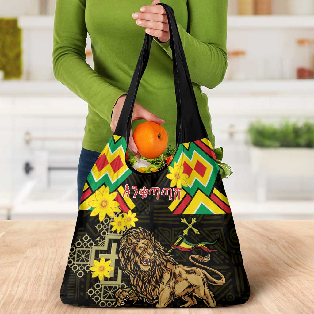 Ethiopia Enkutatash Lion of Judah Grocery Bag With Folk Pattern