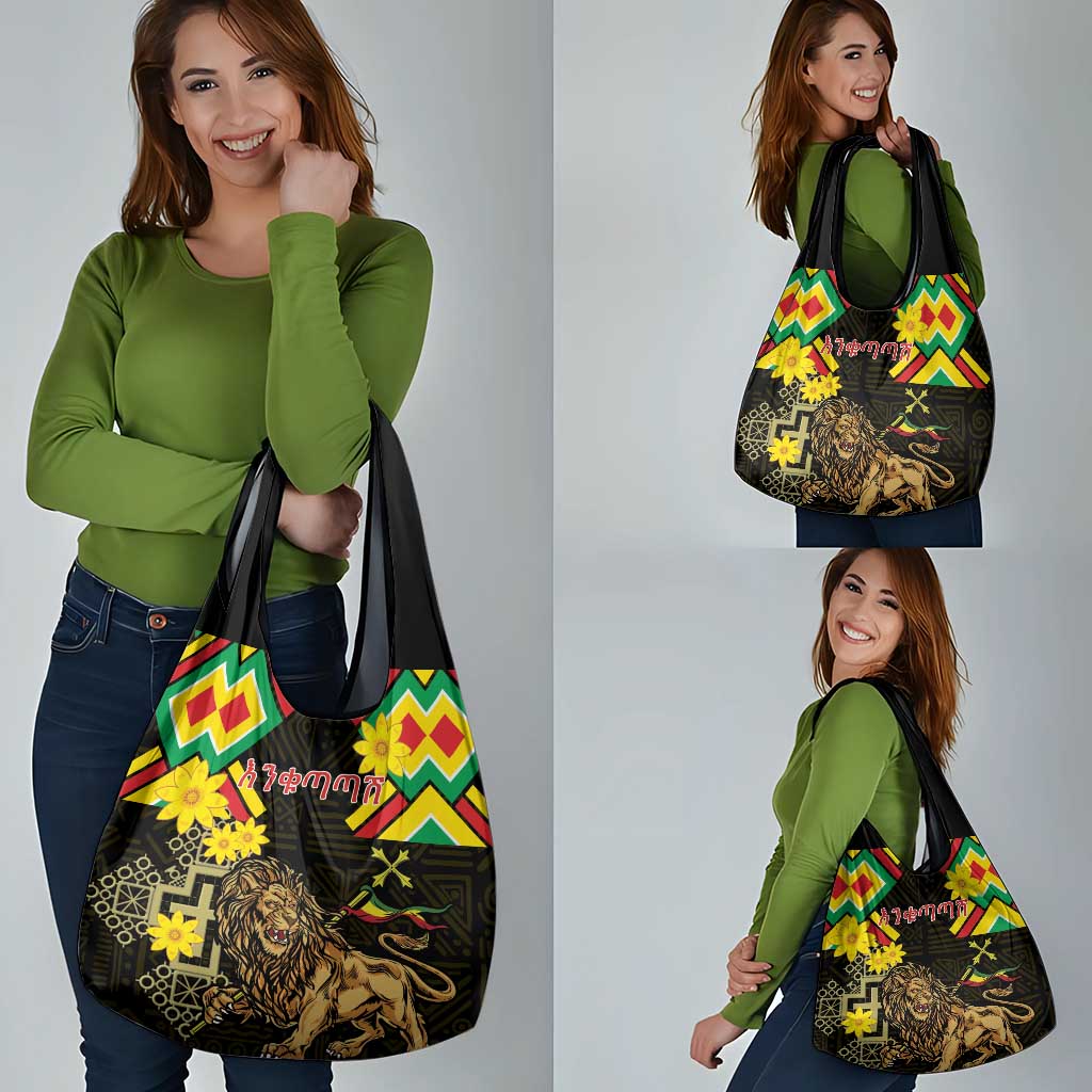 Ethiopia Enkutatash Lion of Judah Grocery Bag With Folk Pattern