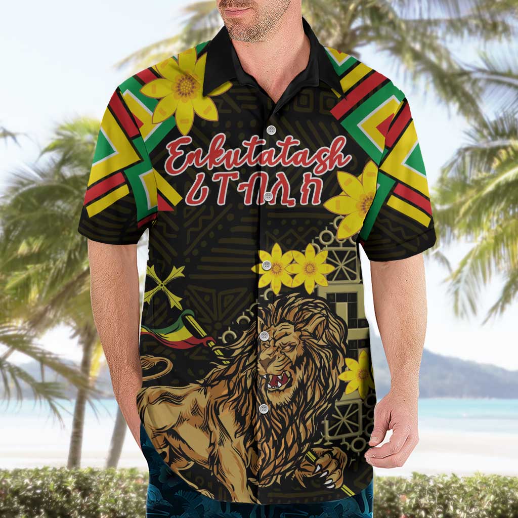 Ethiopia Enkutatash Lion of Judah Hawaiian Shirt With Folk Pattern - Wonder Print Shop