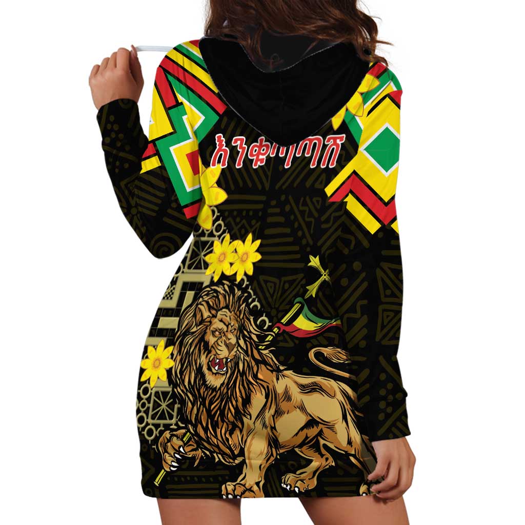 Ethiopia Enkutatash Lion of Judah Hoodie Dress With Folk Pattern - Wonder Print Shop