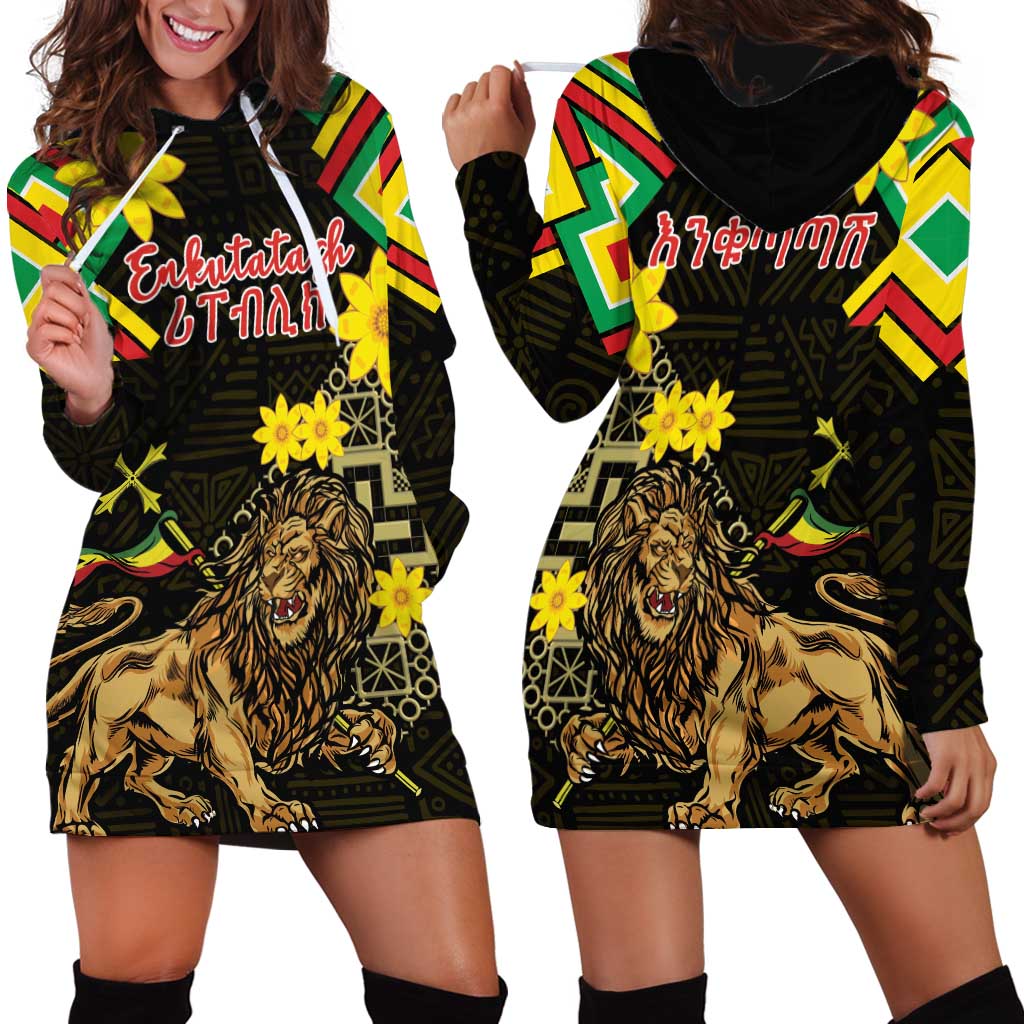 Ethiopia Enkutatash Lion of Judah Hoodie Dress With Folk Pattern - Wonder Print Shop