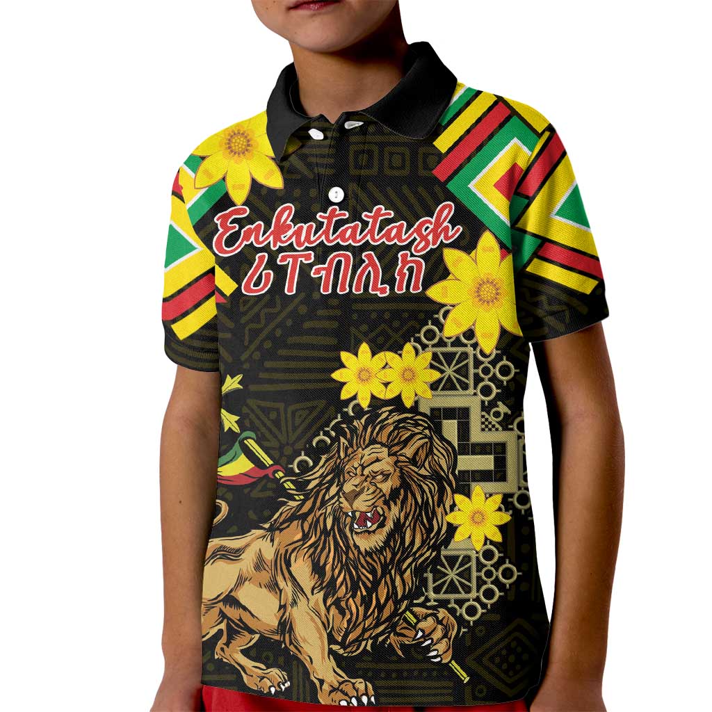 Ethiopia Enkutatash Lion of Judah Kid Polo Shirt With Folk Pattern - Wonder Print Shop