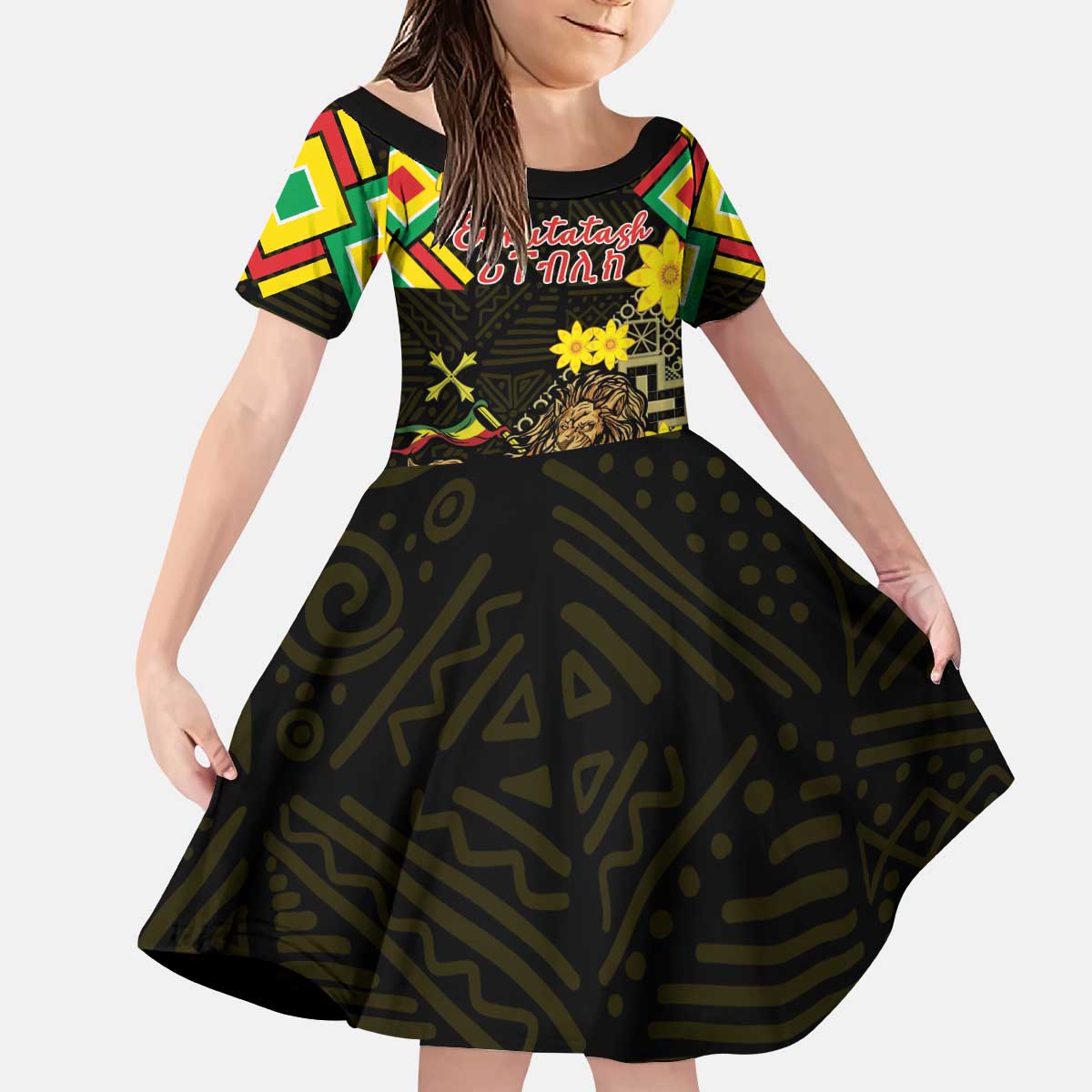 Ethiopia Enkutatash Lion of Judah Kid Short Sleeve Dress With Folk Pattern - Wonder Print Shop