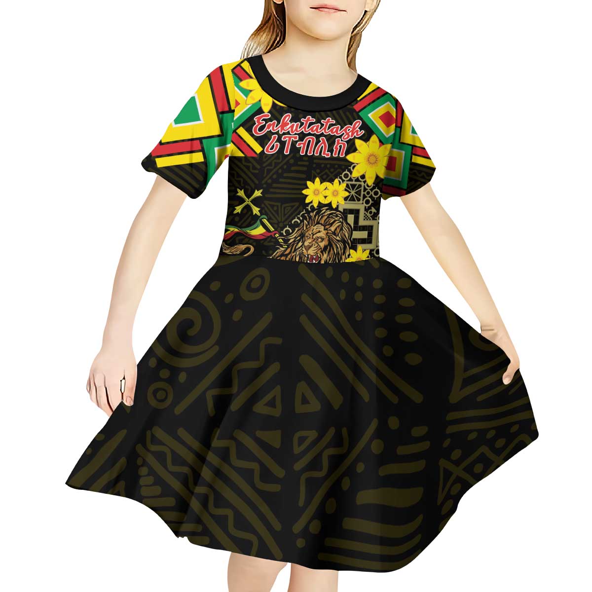 Ethiopia Enkutatash Lion of Judah Kid Short Sleeve Dress With Folk Pattern - Wonder Print Shop