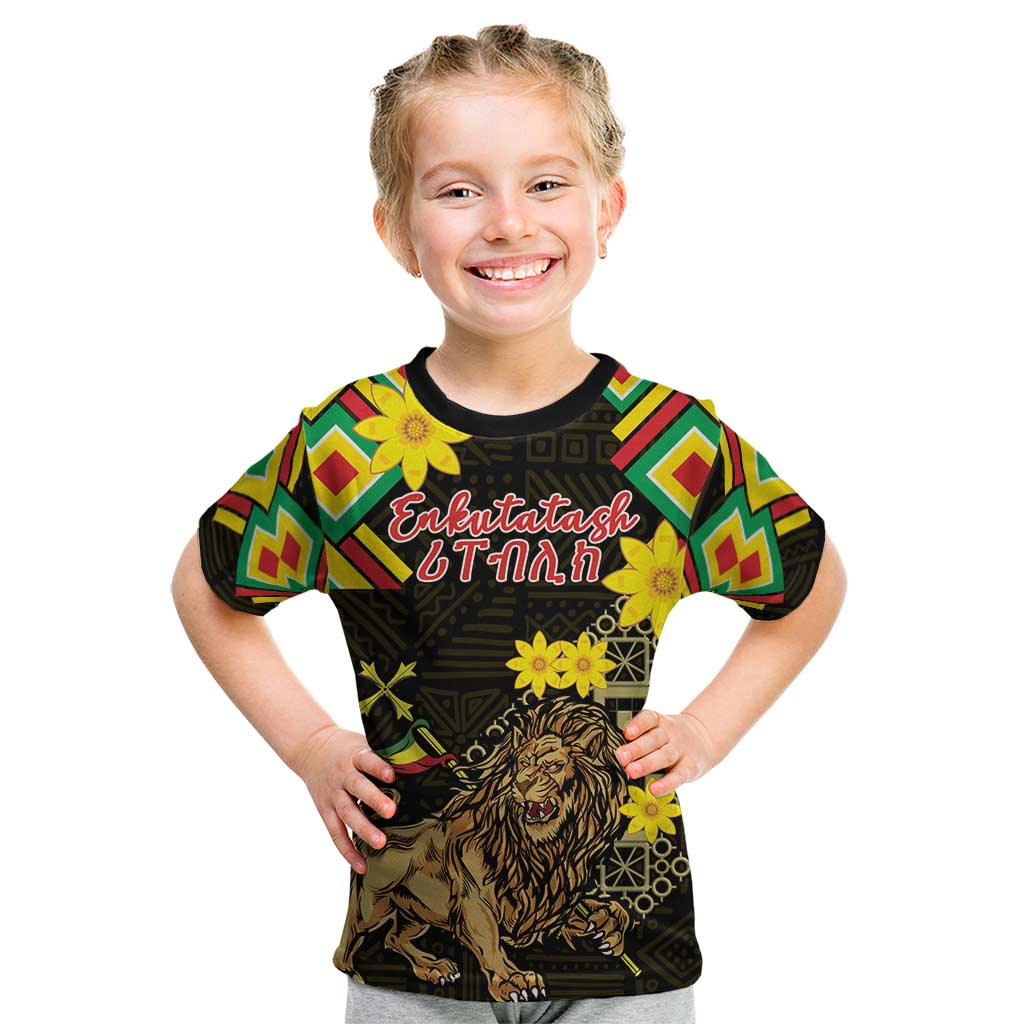 Ethiopia Enkutatash Lion of Judah Kid T Shirt With Folk Pattern - Wonder Print Shop