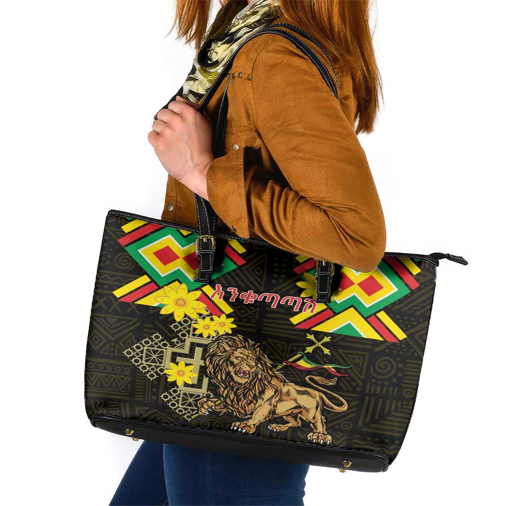 Ethiopia Enkutatash Lion of Judah Leather Tote Bag With Folk Pattern - Wonder Print Shop