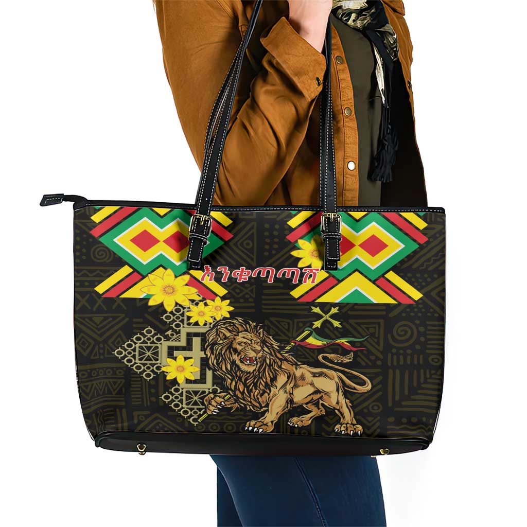Ethiopia Enkutatash Lion of Judah Leather Tote Bag With Folk Pattern - Wonder Print Shop