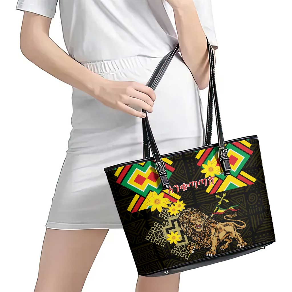 Ethiopia Enkutatash Lion of Judah Leather Tote Bag With Folk Pattern - Wonder Print Shop