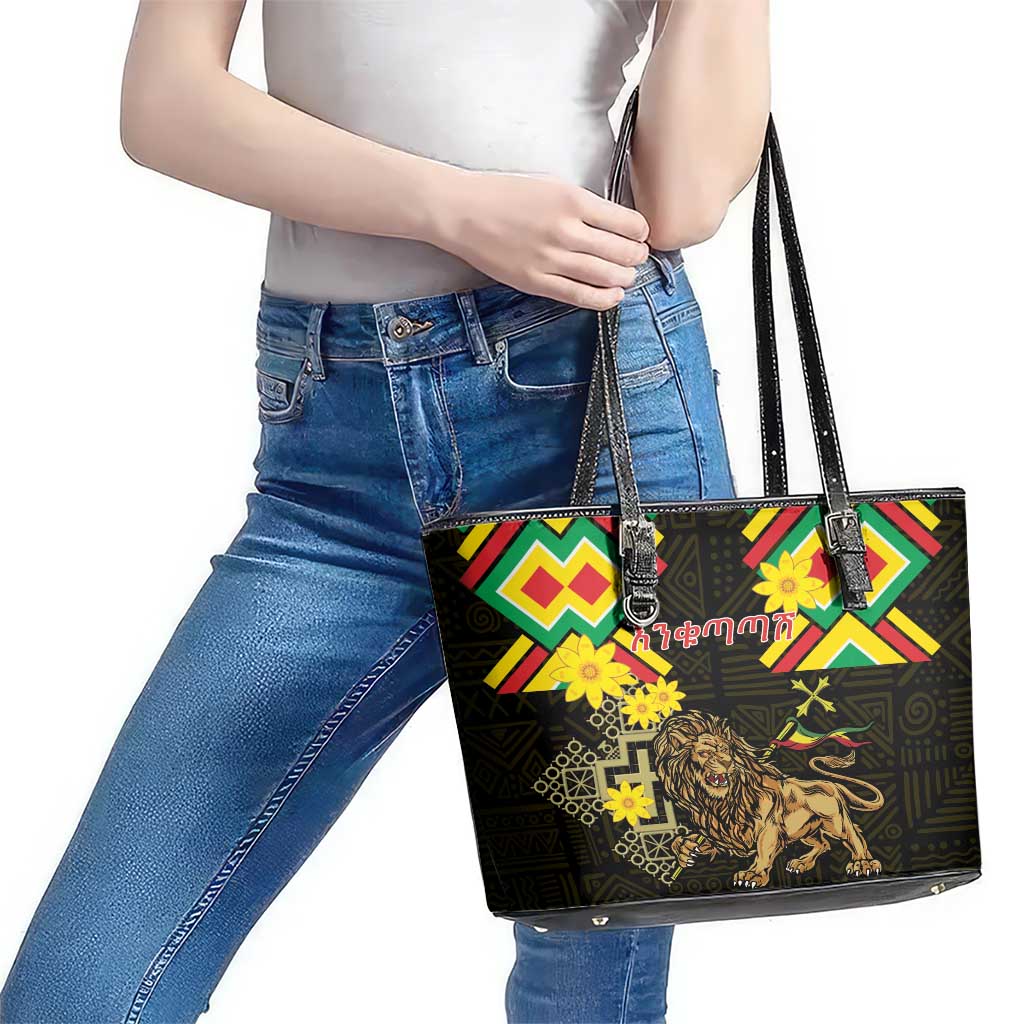 Ethiopia Enkutatash Lion of Judah Leather Tote Bag With Folk Pattern - Wonder Print Shop