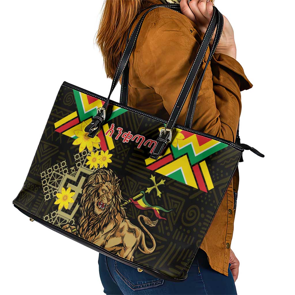 Ethiopia Enkutatash Lion of Judah Leather Tote Bag With Folk Pattern - Wonder Print Shop