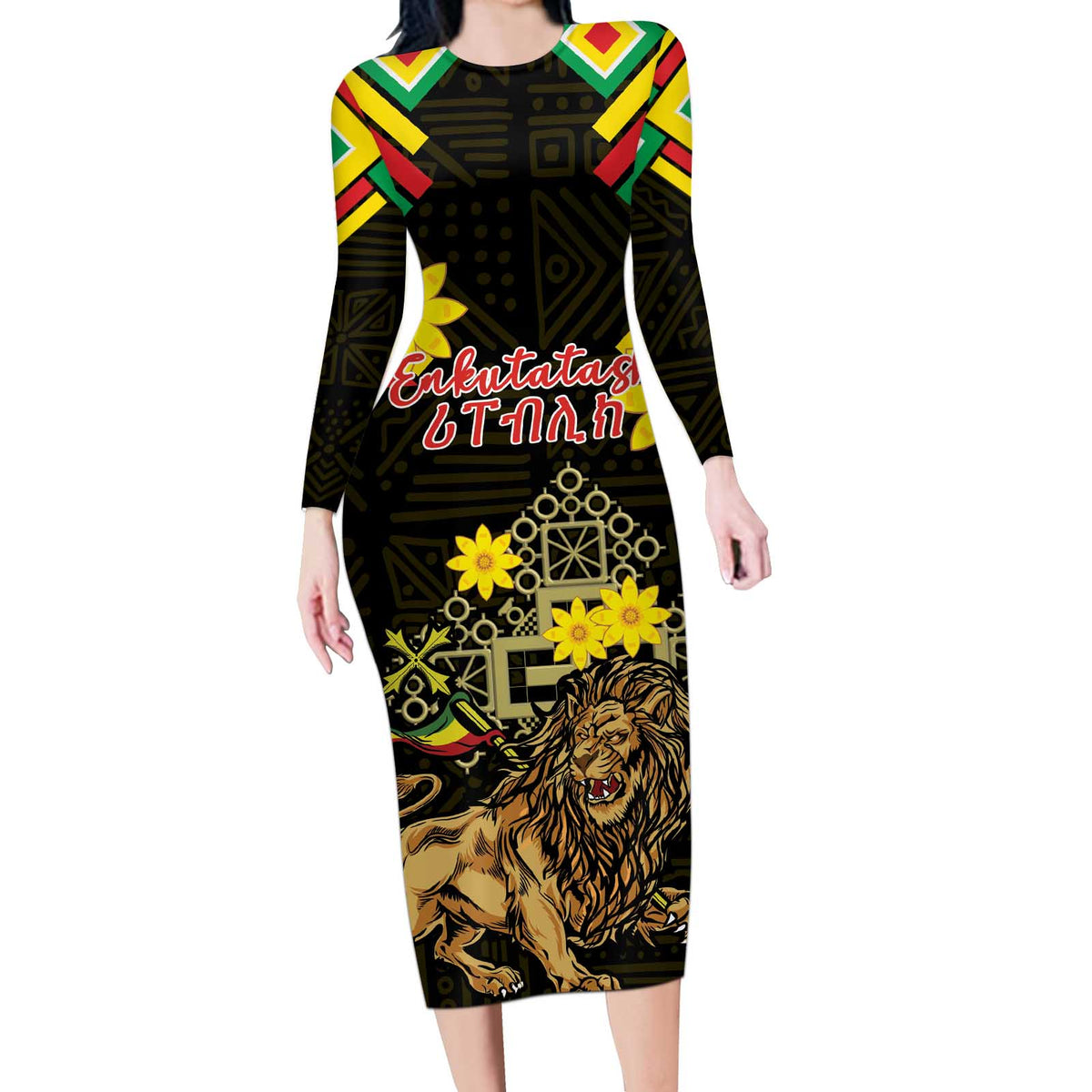 Ethiopia Enkutatash Lion of Judah Long Sleeve Bodycon Dress With Folk Pattern - Wonder Print Shop