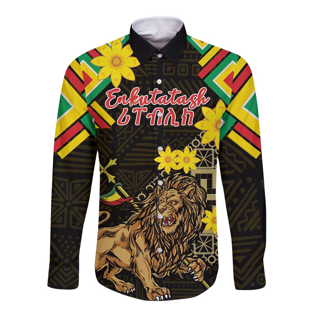 Ethiopia Enkutatash Lion of Judah Long Sleeve Button Shirt With Folk Pattern - Wonder Print Shop