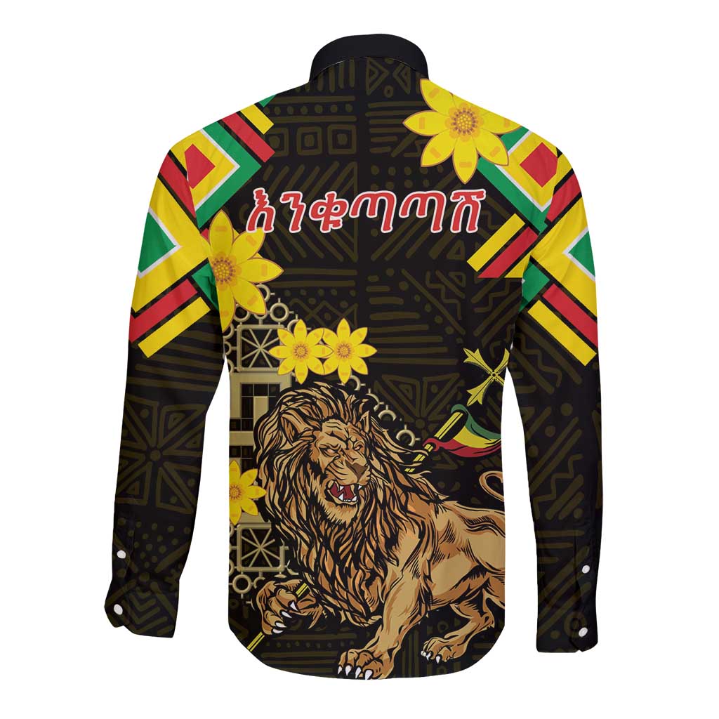 Ethiopia Enkutatash Lion of Judah Long Sleeve Button Shirt With Folk Pattern - Wonder Print Shop