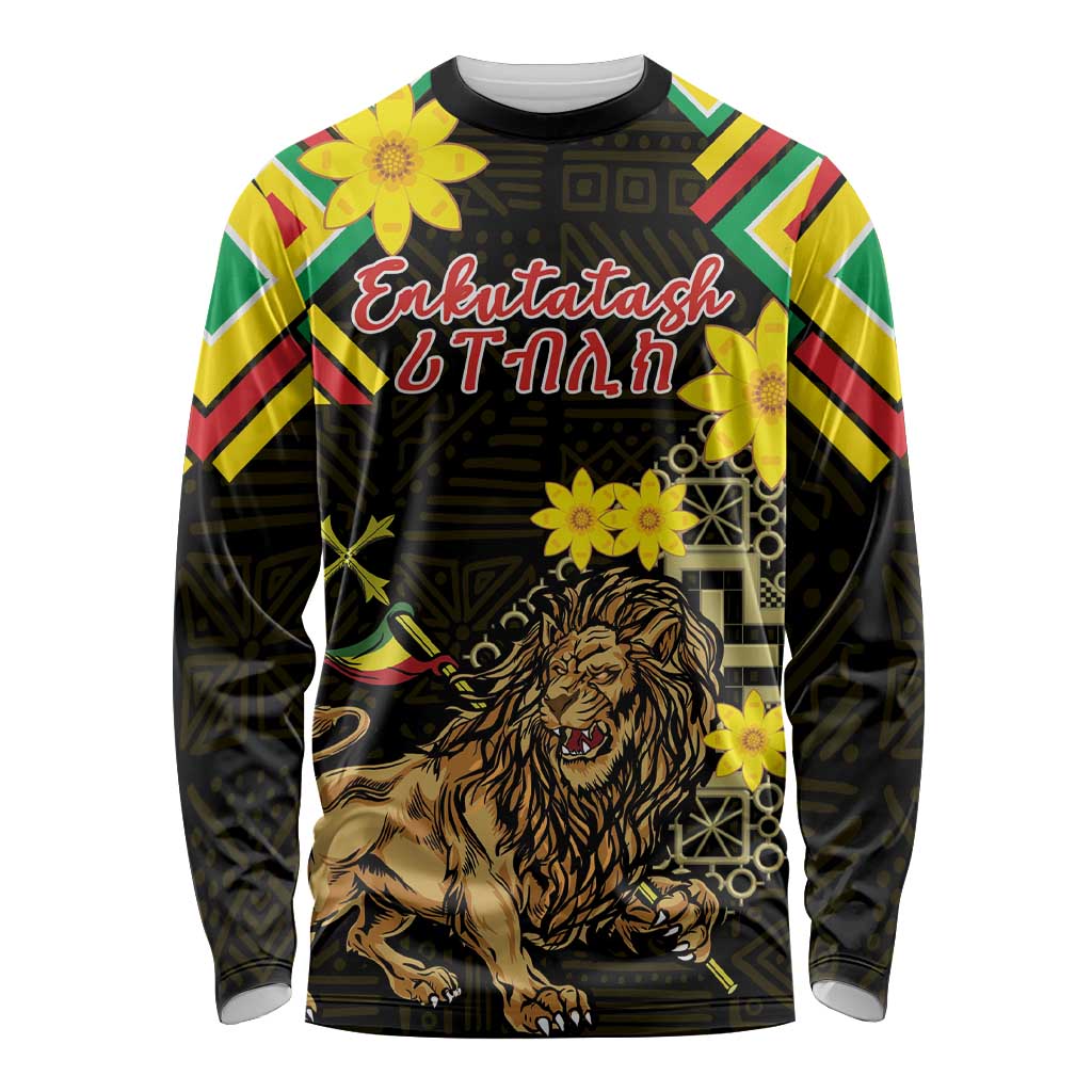 Ethiopia Enkutatash Lion of Judah Long Sleeve Shirt With Folk Pattern - Wonder Print Shop