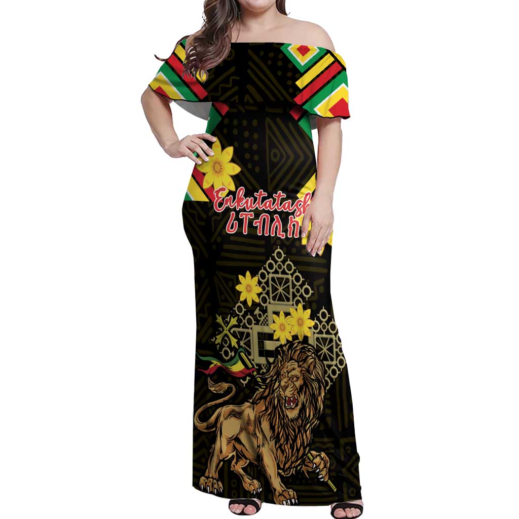 Ethiopia Enkutatash Lion of Judah Off Shoulder Maxi Dress With Folk Pattern - Wonder Print Shop