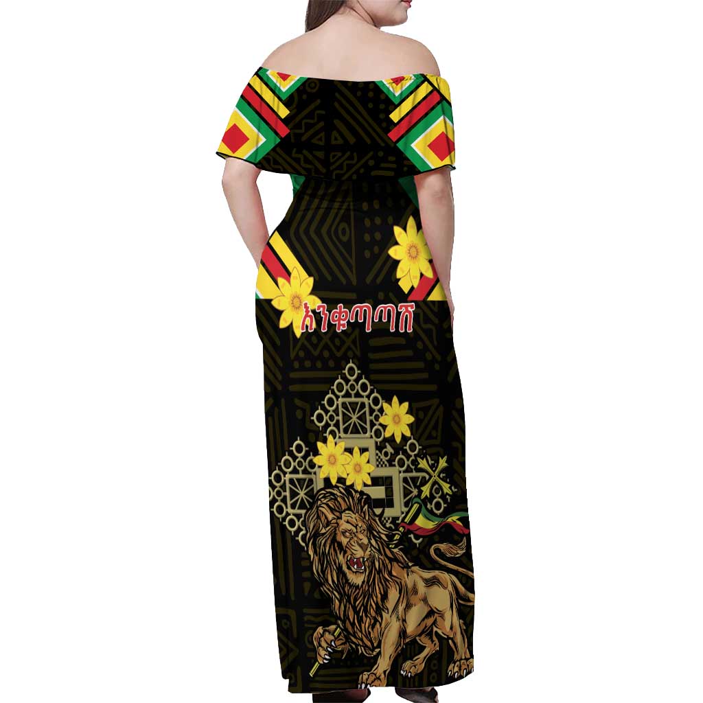 Ethiopia Enkutatash Lion of Judah Off Shoulder Maxi Dress With Folk Pattern - Wonder Print Shop