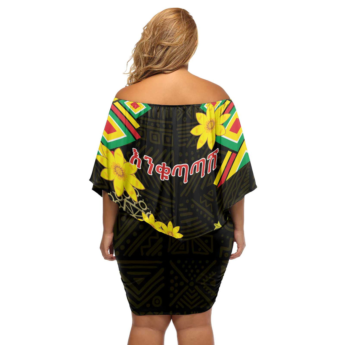 Ethiopia Enkutatash Lion of Judah Off Shoulder Short Dress With Folk Pattern - Wonder Print Shop