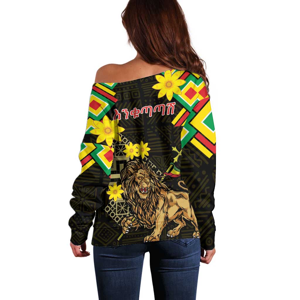 Ethiopia Enkutatash Lion of Judah Off Shoulder Sweater With Folk Pattern - Wonder Print Shop