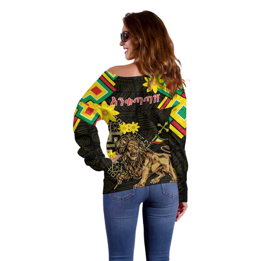 Ethiopia Enkutatash Lion of Judah Off Shoulder Sweater With Folk Pattern - Wonder Print Shop