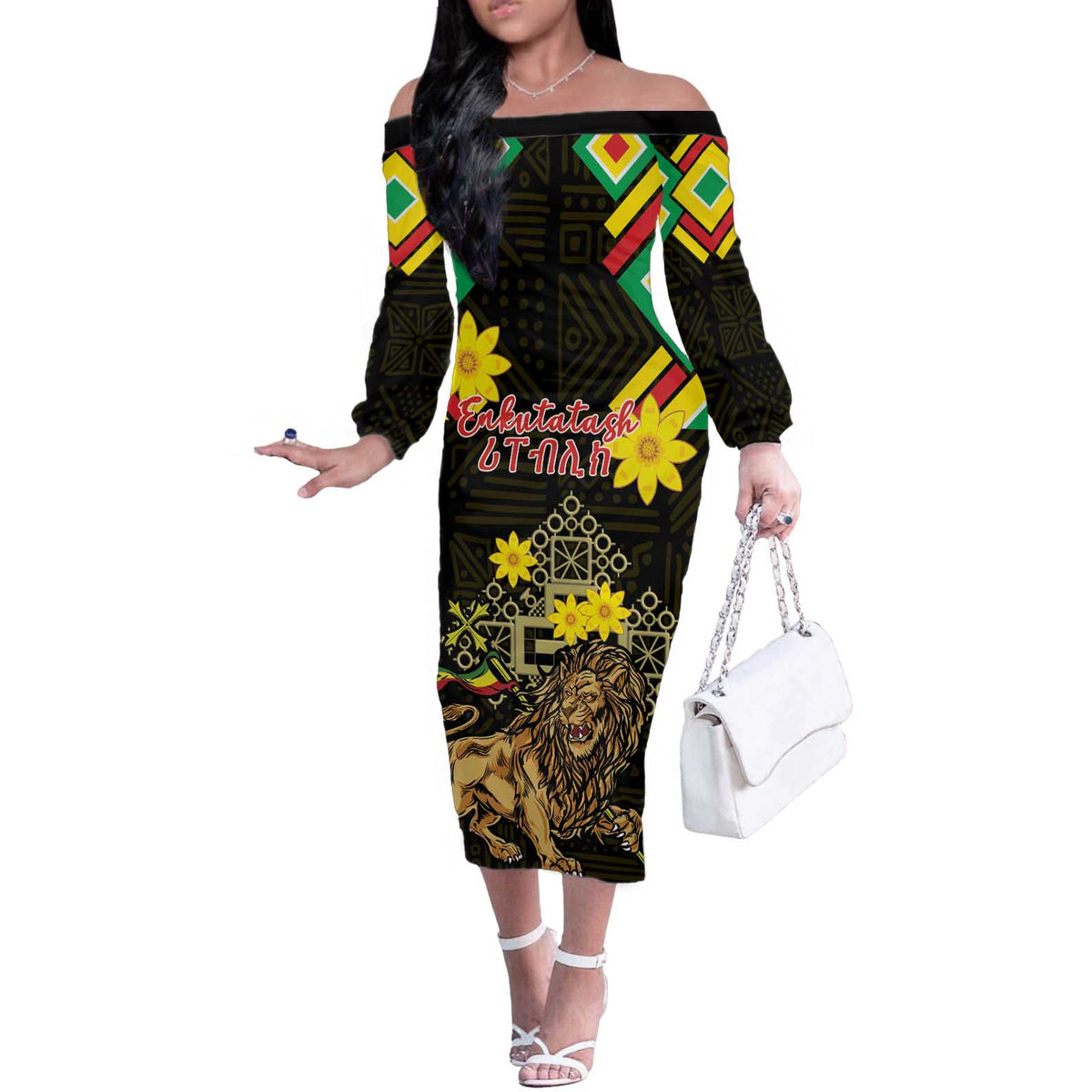 Ethiopia Enkutatash Lion of Judah Off The Shoulder Long Sleeve Dress With Folk Pattern - Wonder Print Shop