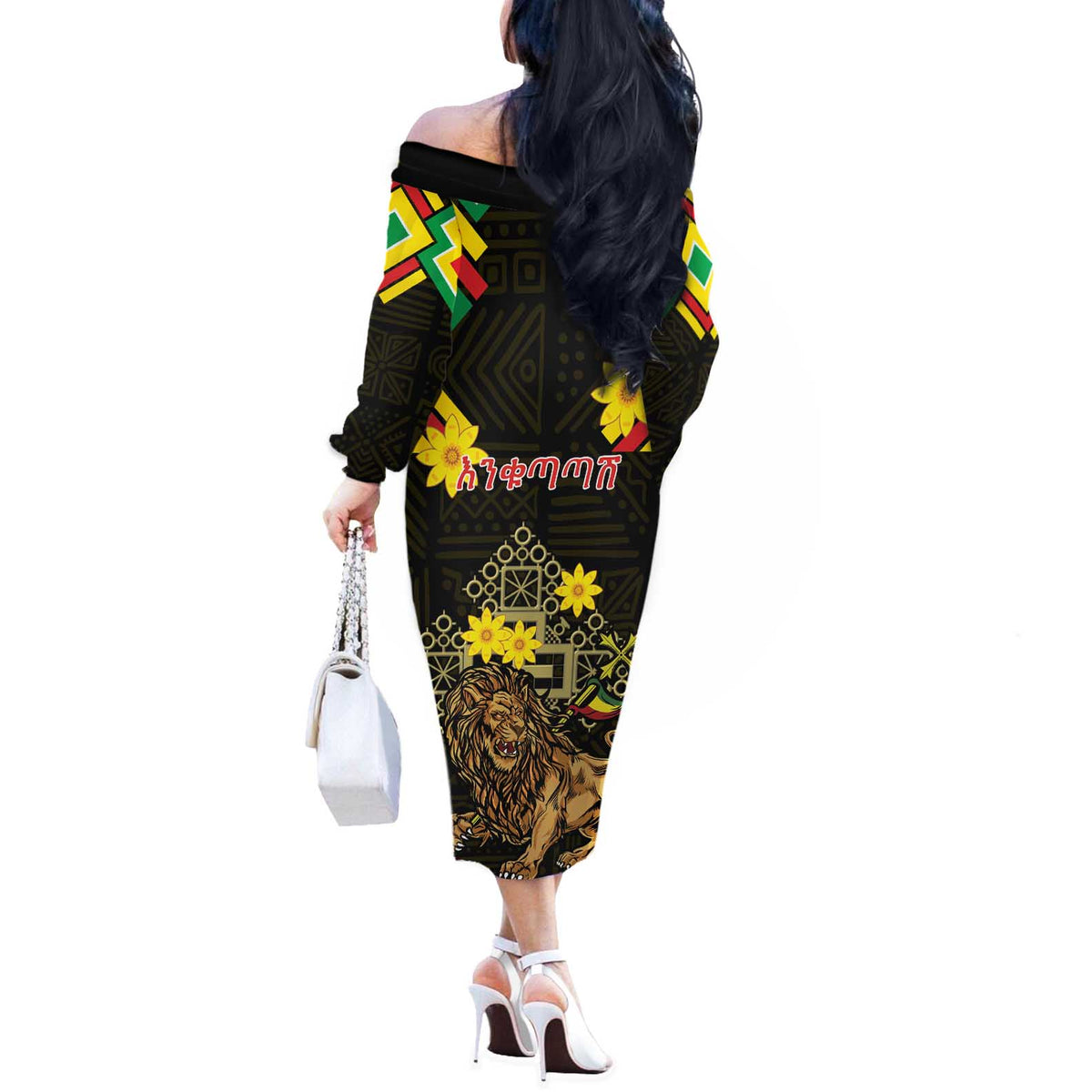 Ethiopia Enkutatash Lion of Judah Off The Shoulder Long Sleeve Dress With Folk Pattern - Wonder Print Shop