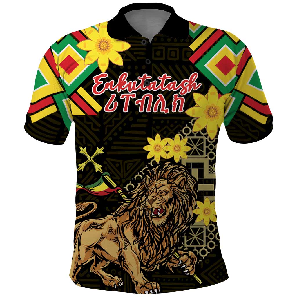 Ethiopia Enkutatash Lion of Judah Polo Shirt With Folk Pattern - Wonder Print Shop