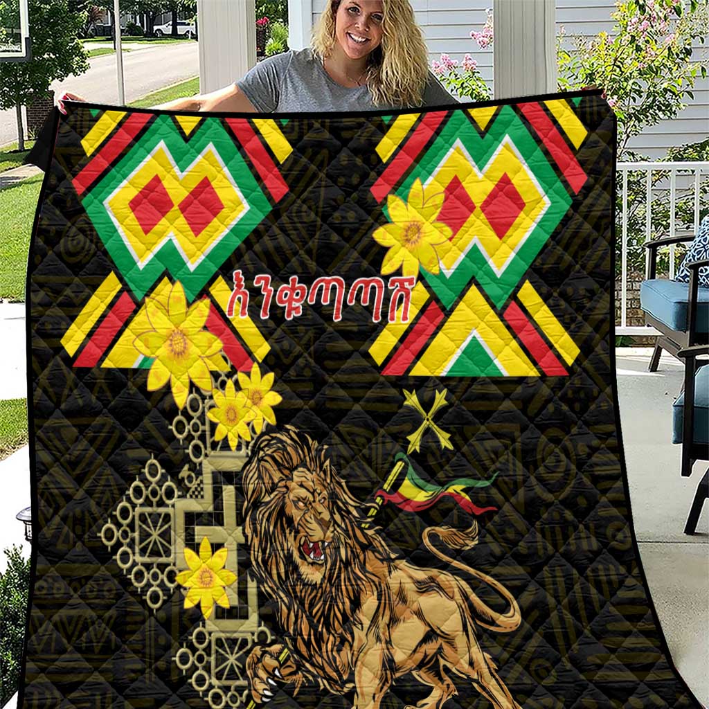 Ethiopia Enkutatash Lion of Judah Quilt With Folk Pattern - Wonder Print Shop