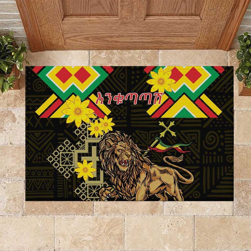 Ethiopia Enkutatash Lion of Judah Rubber Doormat With Folk Pattern - Wonder Print Shop