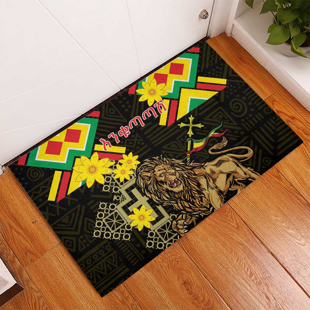 Ethiopia Enkutatash Lion of Judah Rubber Doormat With Folk Pattern - Wonder Print Shop