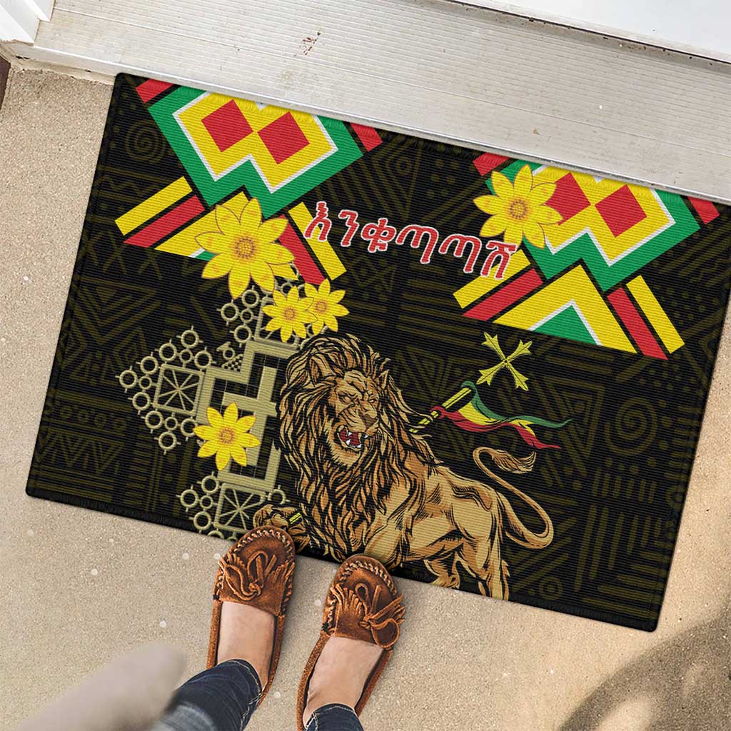 Ethiopia Enkutatash Lion of Judah Rubber Doormat With Folk Pattern - Wonder Print Shop