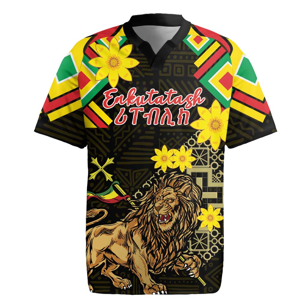 Ethiopia Enkutatash Lion of Judah Rugby Jersey With Folk Pattern - Wonder Print Shop