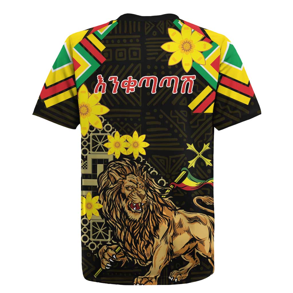 Ethiopia Enkutatash Lion of Judah Rugby Jersey With Folk Pattern - Wonder Print Shop