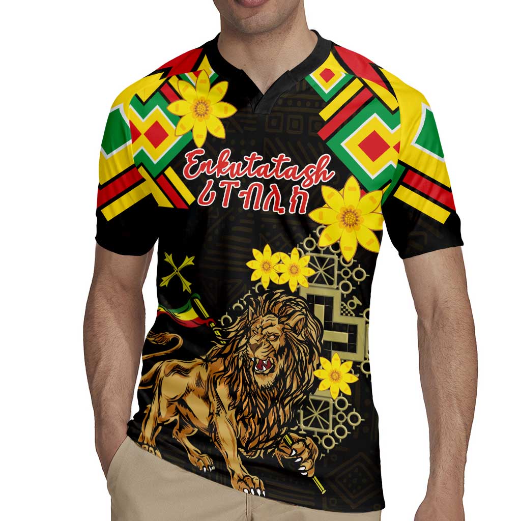 Ethiopia Enkutatash Lion of Judah Rugby Jersey With Folk Pattern - Wonder Print Shop