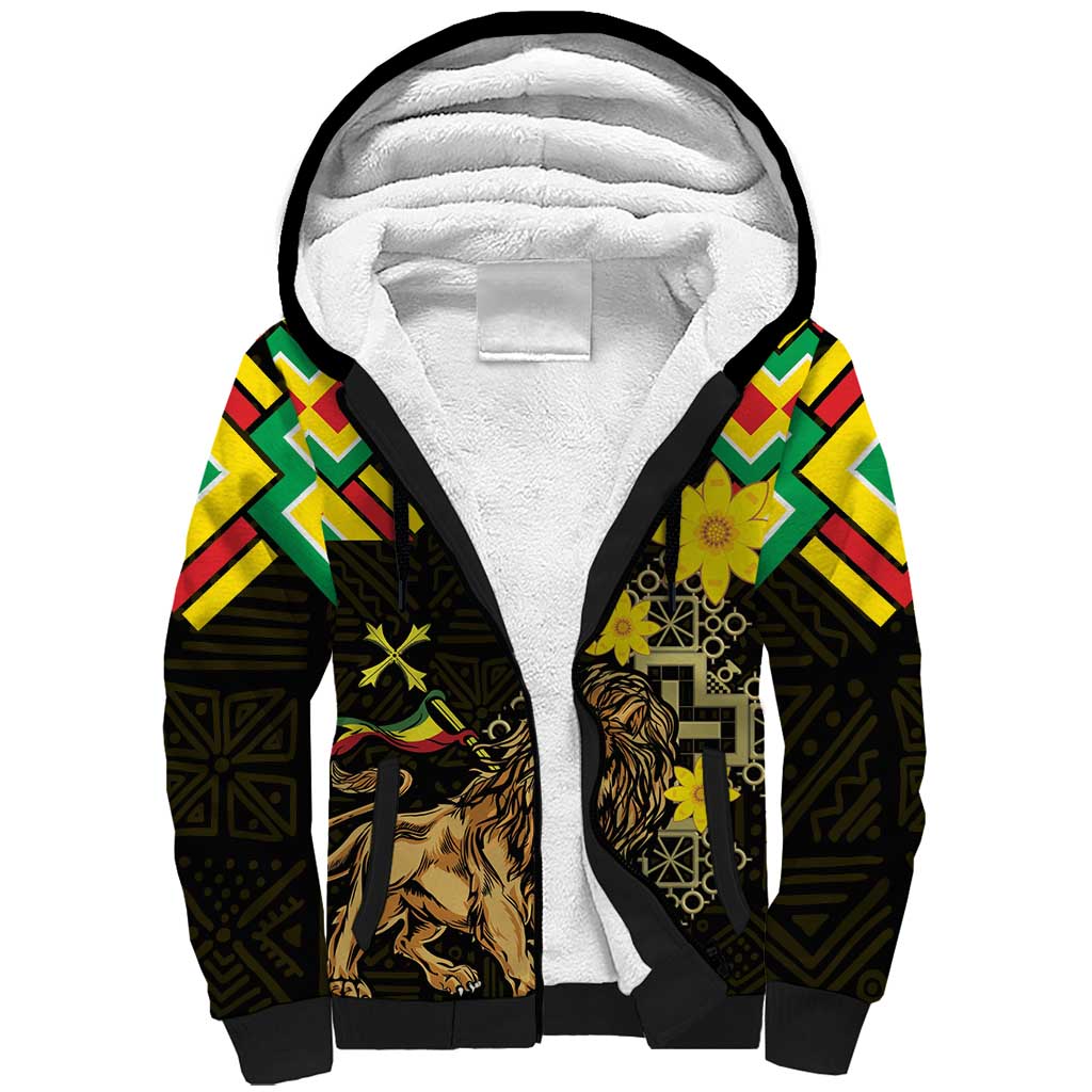 Ethiopia Enkutatash Lion of Judah Sherpa Hoodie With Folk Pattern - Wonder Print Shop