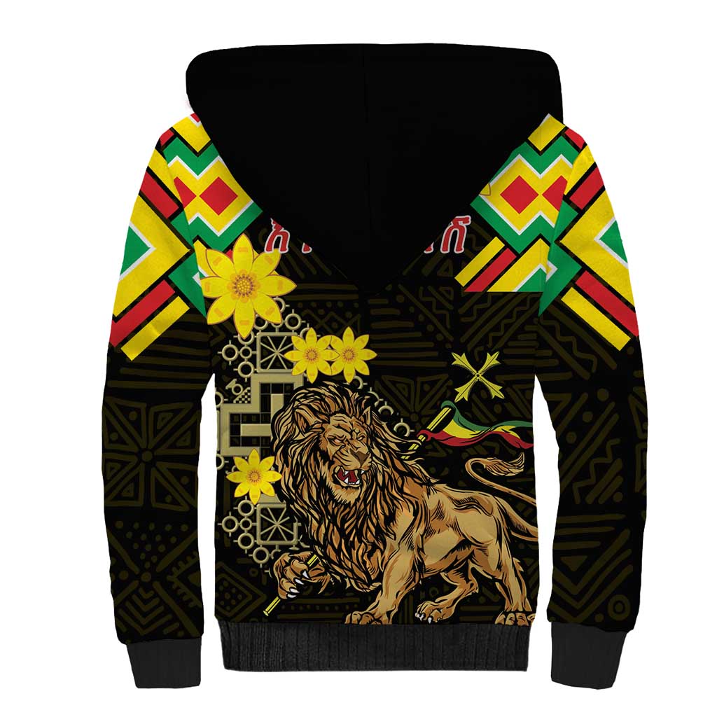 Ethiopia Enkutatash Lion of Judah Sherpa Hoodie With Folk Pattern - Wonder Print Shop