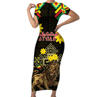 Ethiopia Enkutatash Lion of Judah Short Sleeve Bodycon Dress With Folk Pattern - Wonder Print Shop
