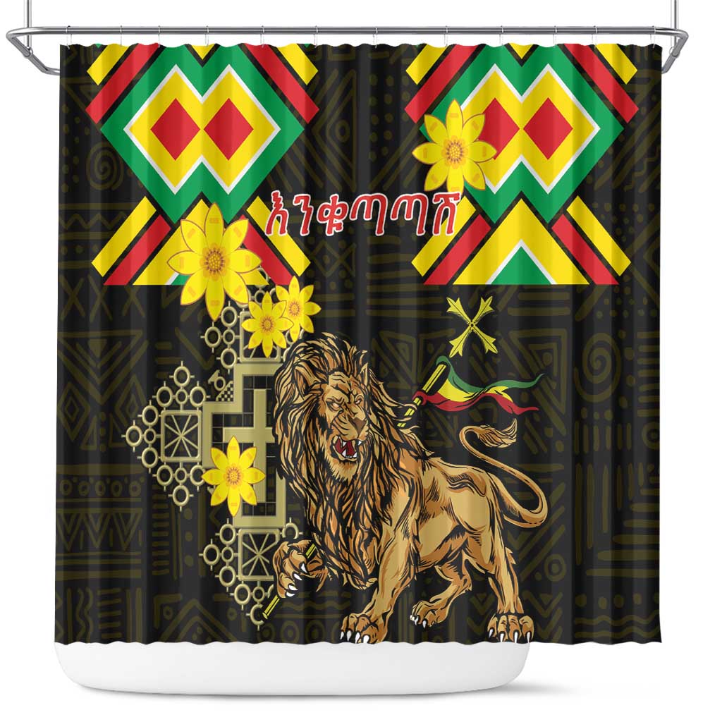 Ethiopia Enkutatash Lion of Judah Shower Curtain With Folk Pattern