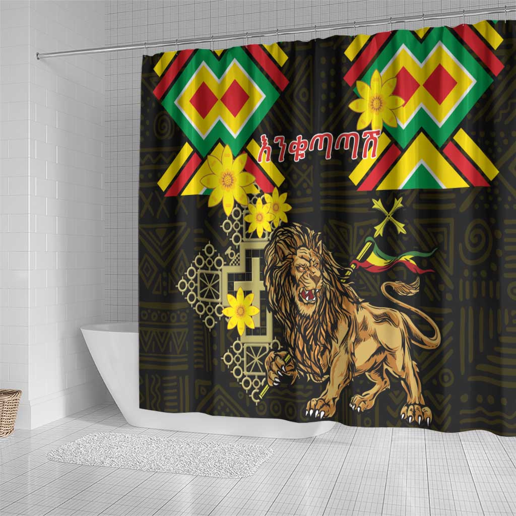 Ethiopia Enkutatash Lion of Judah Shower Curtain With Folk Pattern