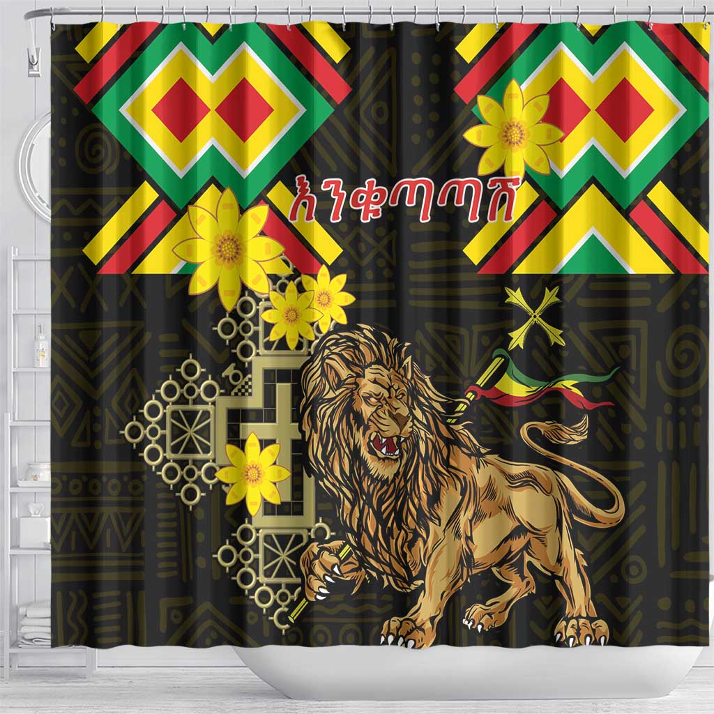 Ethiopia Enkutatash Lion of Judah Shower Curtain With Folk Pattern