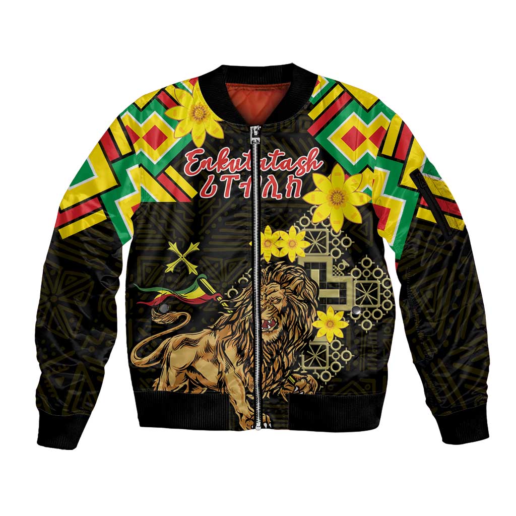 Ethiopia Enkutatash Lion of Judah Sleeve Zip Bomber Jacket With Folk Pattern - Wonder Print Shop