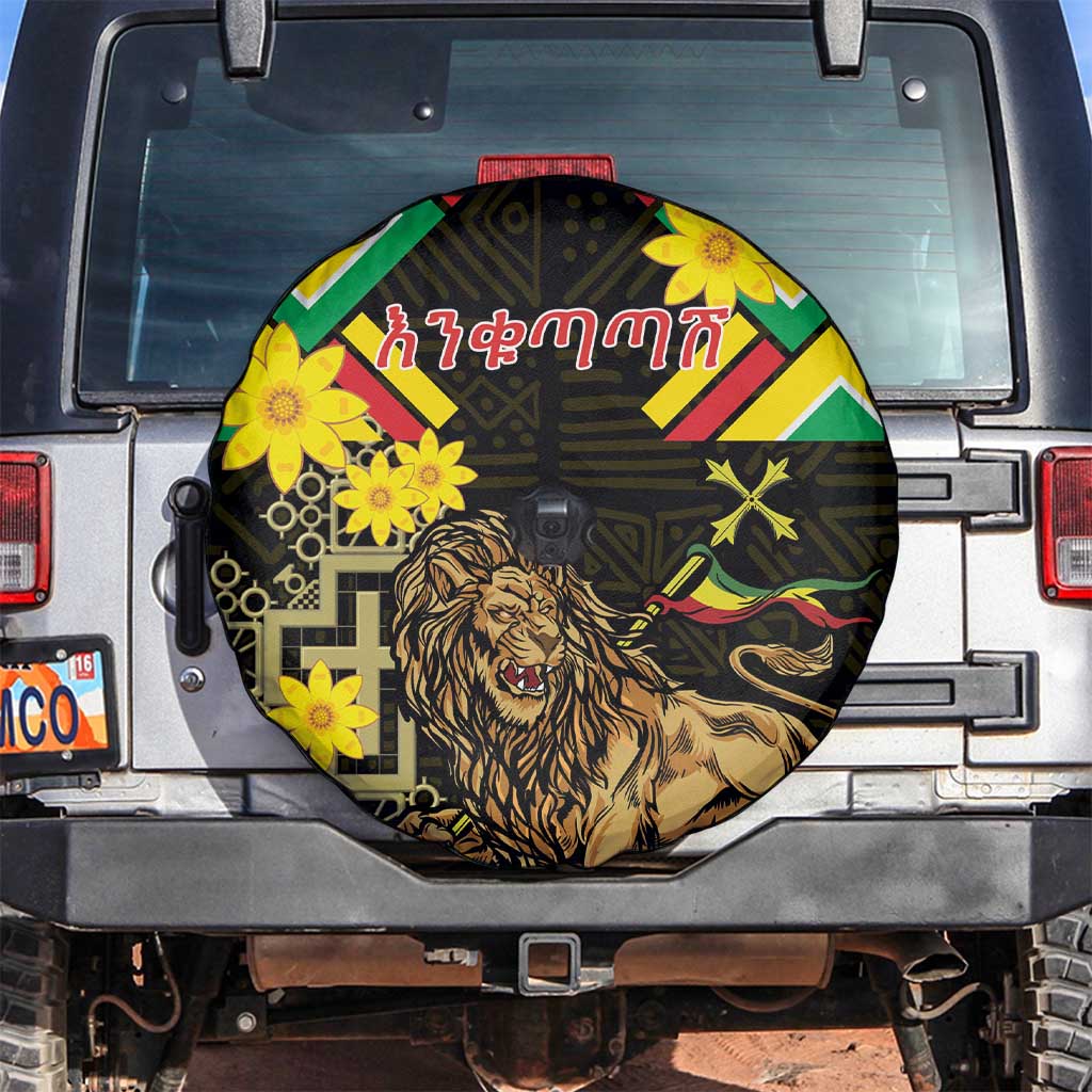 Ethiopia Enkutatash Lion of Judah Spare Tire Cover With Folk Pattern - Wonder Print Shop